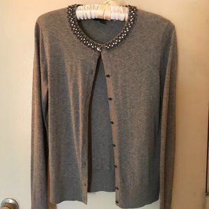 Gray cardigan sweater beaded neckline Ann Taylor